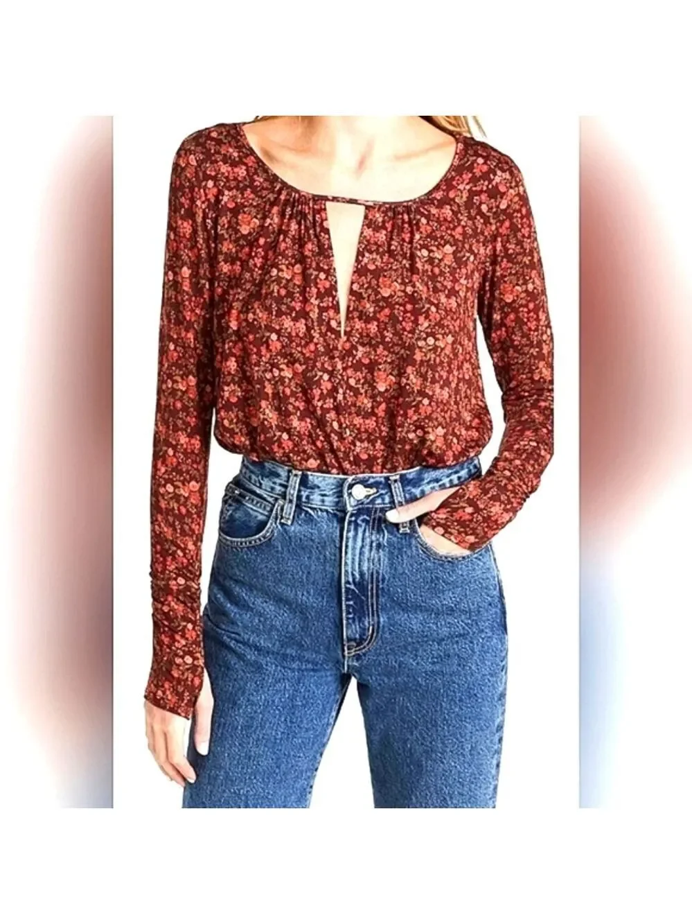 FREE PEOPLE SIZE XS FALL‎ TOP FLORAL KAYA PRINTED THONG BODYSUIT CHOCOLATE